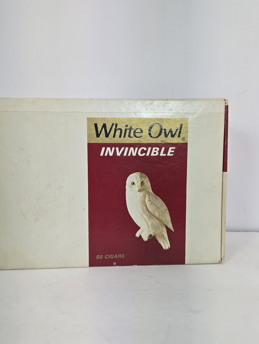 Vintage White Owl "Invincible" cigar box, designed to hold 50 cigars.